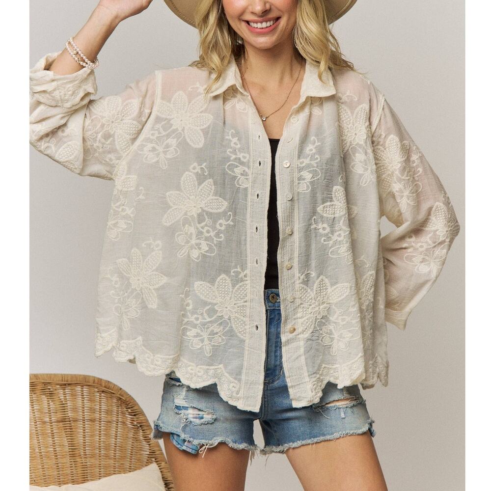 Butterfly Embroidered Sheer Cotton Gauze Blouse